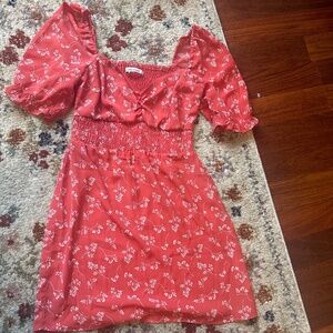 Red Floral Smocked Waist Mini Dress